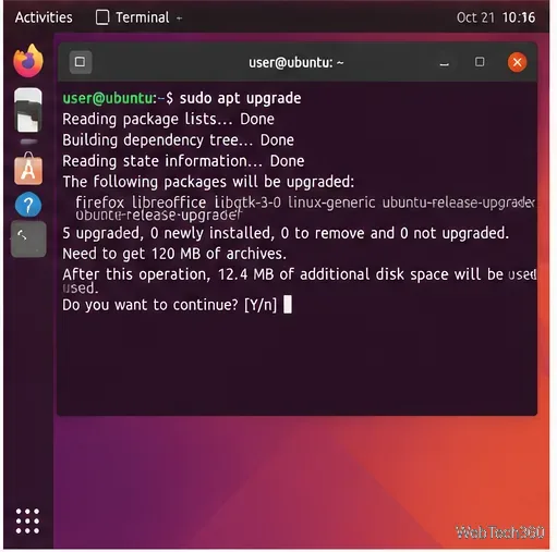 Ubuntu Terminal showing sudo apt upgrade and a package summary before confirmation.