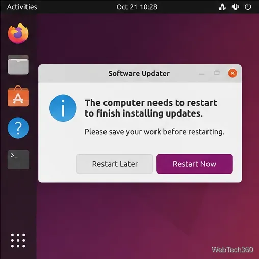 Software Updater restart prompt with Restart Later and Restart Now buttons.