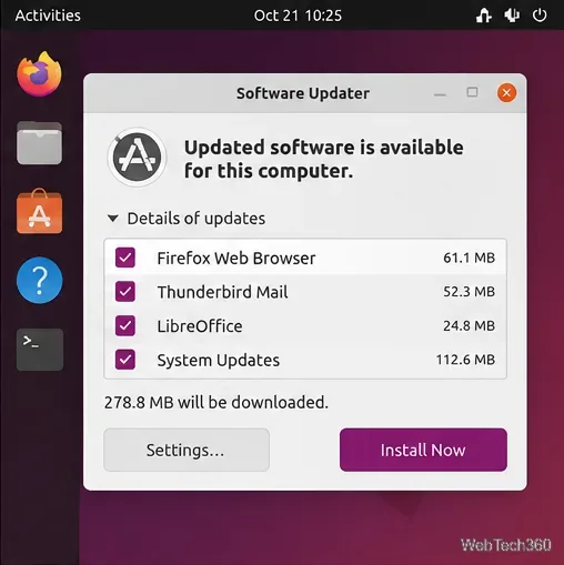 Software Updater listing available updates with the Install Now button.