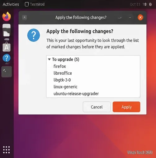 Synaptic final confirmation dialog listing packages to upgrade and an Apply button.