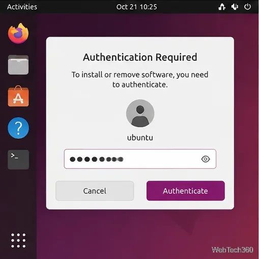 Authentication Required dialog asking for the Ubuntu account password before installing updates.