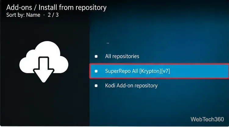 Krypton 用の SuperRepo All を選択した古い Kodi リポジトリ リスト
