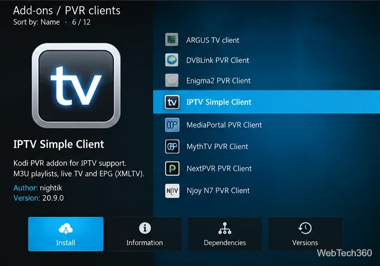 Kodi PVRクライアント一覧(IPTV Simple Clientとそのインストールオプションを重点的に表示)