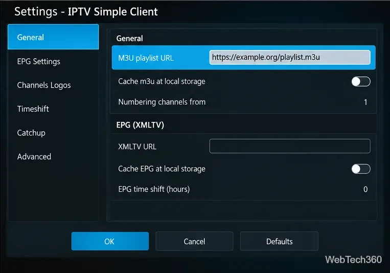 IPTVシンプルクライアントの設定例(M3UプレイリストとXMLTVガイドフィールドを示す)