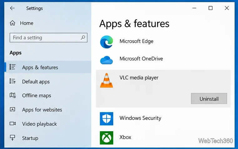 Экран «Приложения и функции» Windows 10, на котором выбран для удаления медиаплеер VLC.