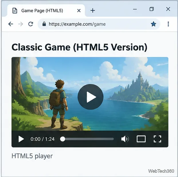 Современная страница игры с пометкой «Версия HTML5», предварительным просмотром в альбомной ориентации и стандартными элементами управления воспроизведением видео.