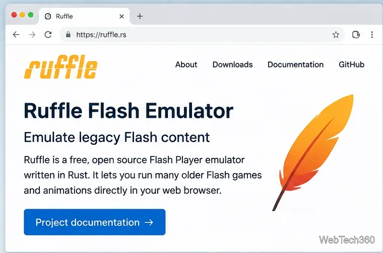 Веб-сайт Ruffle с заголовком Ruffle Flash Emulator и ссылками на загрузки и документацию.