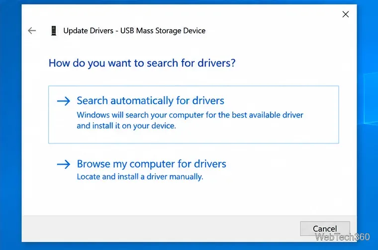 В окне обновления Windows 10 для USB-накопителя есть опция «Автоматический поиск драйверов».
