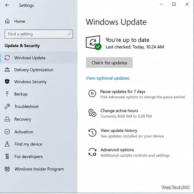 В настройках Windows 10 открывается Центр обновления Windows с кнопкой «Проверить наличие обновлений».