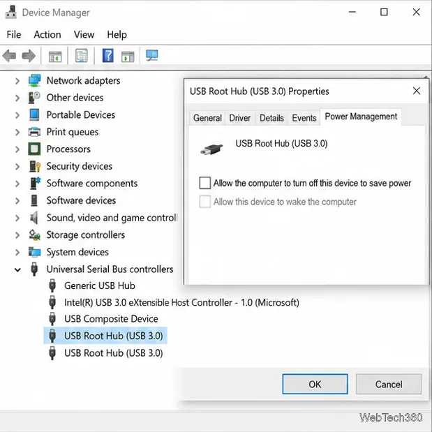 Окно «Свойства корневого USB-концентратора» в Windows 10, вкладка «Управление питанием».