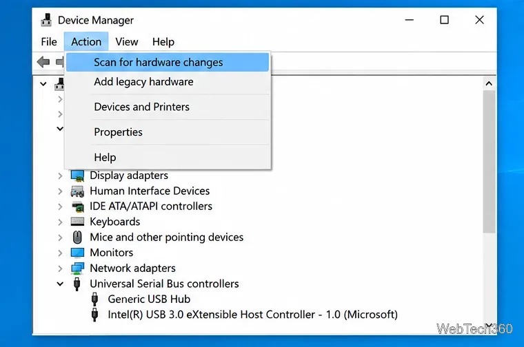 В меню «Диспетчер устройств» Windows 10 выберите пункт «Сканировать изменения оборудования».