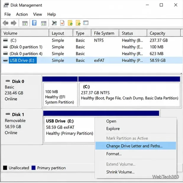 В диспетчере дисков Windows 10 отображается съемный USB-накопитель и опция «Изменить букву диска и пути».