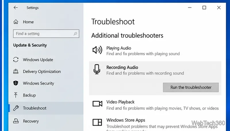 Windows 10 Additional troubleshooters page with Recording Audio and Run the troubleshooter