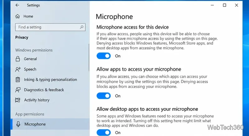 Windows 10 Privacy Microphone settings with device, app, and desktop app microphone access enabled