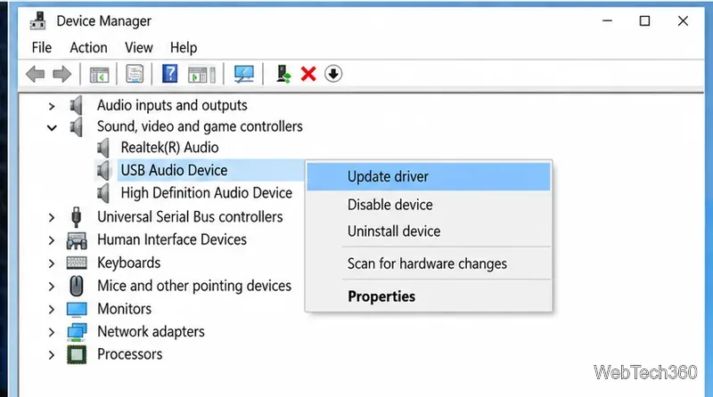 Windows 10 Device Manager with USB Audio Device selected and Update driver available