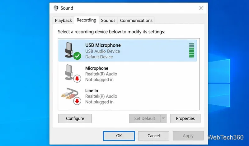 Windows 10 Sound control panel Recording tab showing USB Microphone as the default device