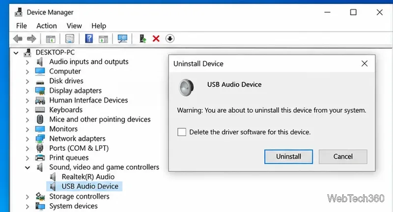 Windows 10 Device Manager Uninstall Device dialog for USB Audio Device