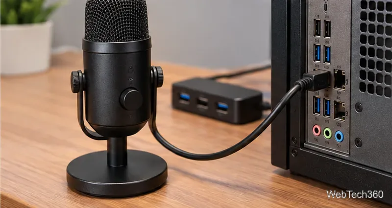 Black USB microphone connected directly to the rear USB ports of a desktop PC