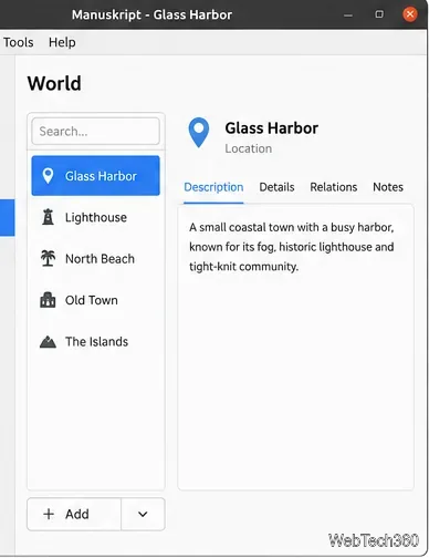 Sección de Manuskript World que enumera las ubicaciones del proyecto Glass Harbor.