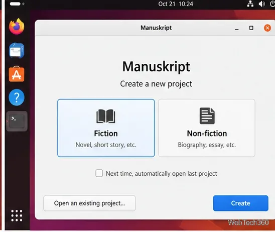 Nuevo proyecto de Manuskript con opciones de ficción y no ficción.