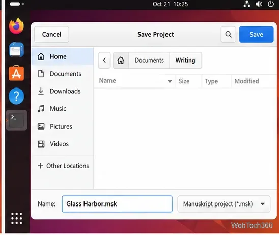 Diálogo de guardado de Linux que nombra un proyecto Manuskript en Glass Harbor