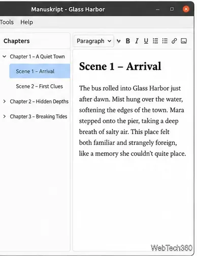 Editor de manuscritos que muestra la navegación por capítulos y escenas junto al texto del manuscrito.