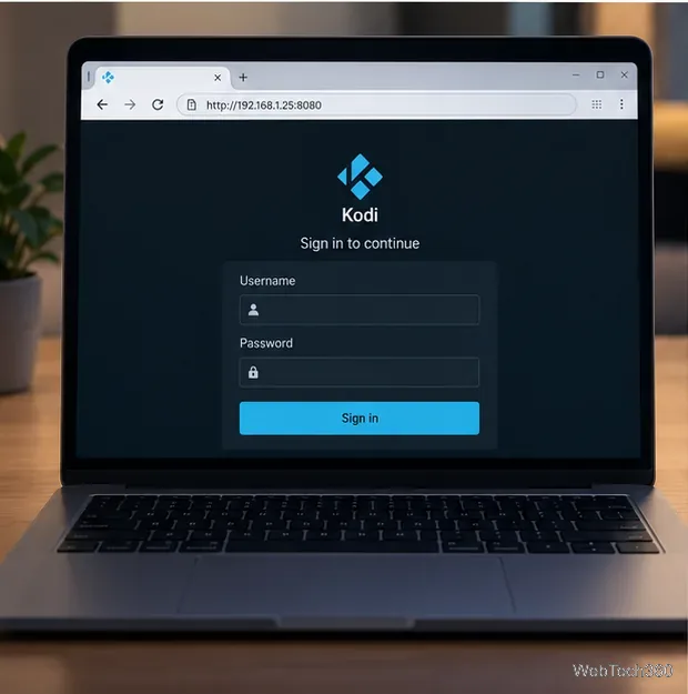 ノートパソコンのブラウザが http://192.168.1.25:8080 を開き、Kodi のサインインフォームが表示されましたが、認証情報は入力されていませんでした。