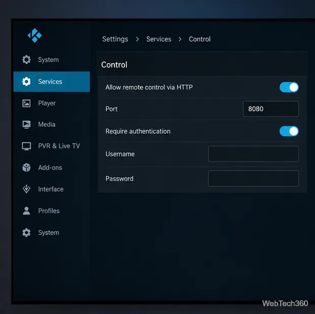 Kodiのコントロール設定では、HTTPアクセスが有効、ポート8080、認証が有効、認証情報フィールドが空白になっている。