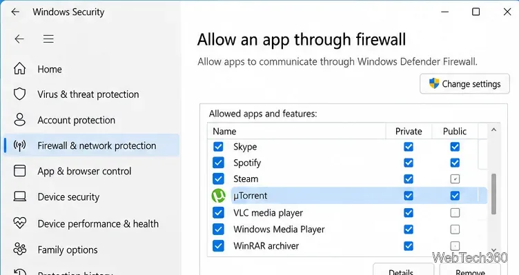 Windows Security Allow an app through firewall screen with uTorrent selected for Private and Public networks