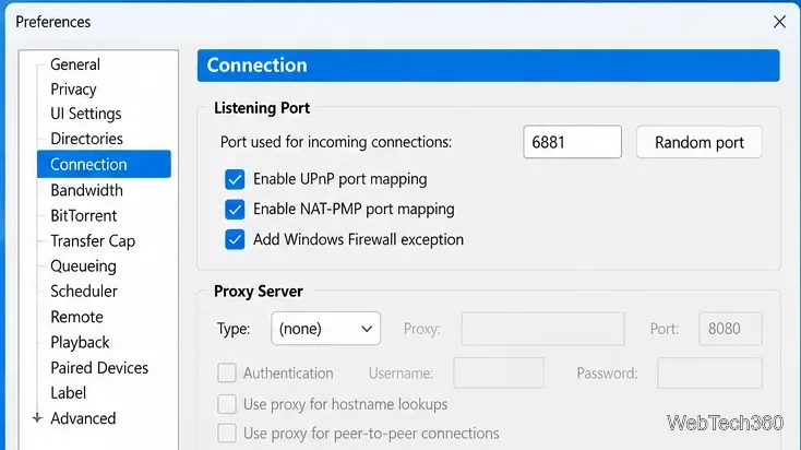 uTorrent Classic Connection preferences showing the incoming port plus UPnP NAT-PMP and Windows Firewall options