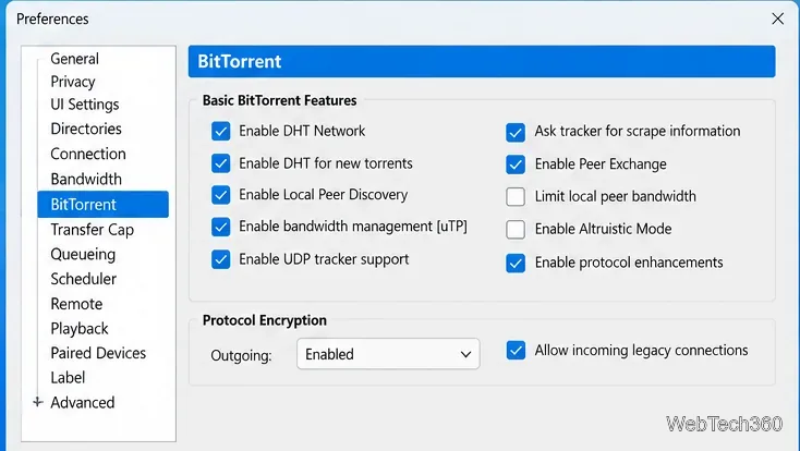 uTorrent Classic BitTorrent preferences with DHT Peer Exchange and Protocol Encryption set to Enabled