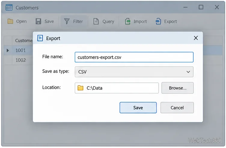 O casetă de dialog de export ilustrativă configurată pentru a salva fișierul customers-export.csv ca fișier CSV.