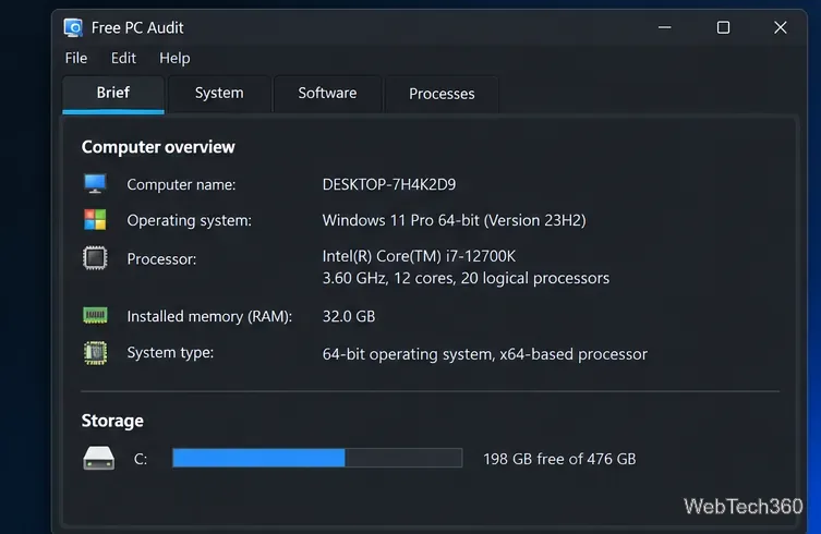 無料PC監査概要タブには、オペレーティングシステム、プロセッサ、RAM、ディスク容量の概要例が表示されます。