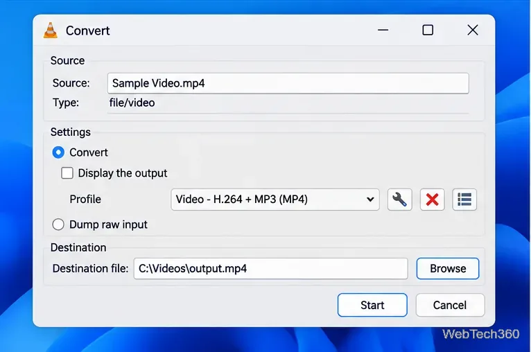 VLC Convert dialog showing a video and audio profile, wrench button, and MP4 destination