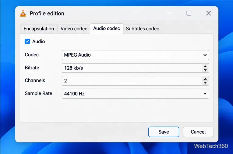VLC Profile edition Audio codec tab with Audio enabled and example bitrate channels and sample rate