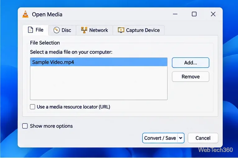 VLC Open Media dialog with a video selected and Convert Save button visible