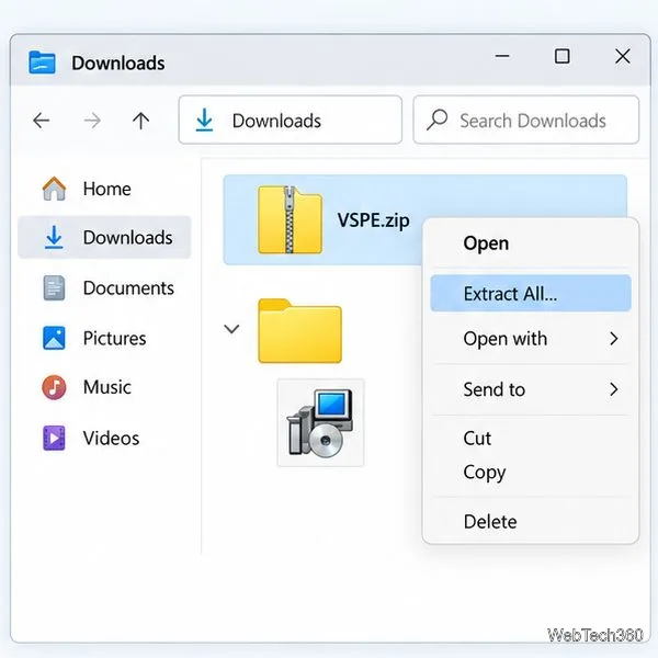 Der Windows-Downloadordner zeigt das VSPE-ZIP-Archiv und den Befehl „Alle extrahieren“ an.