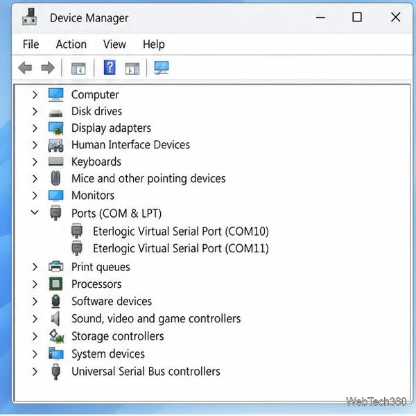 Geräte-Manager listet die virtuellen VSPE-Ports COM10 und COM11 auf