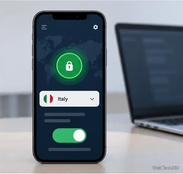 На экране телефона отображается стандартное VPN-приложение, подключенное к Италии, с зеленым индикатором состояния.