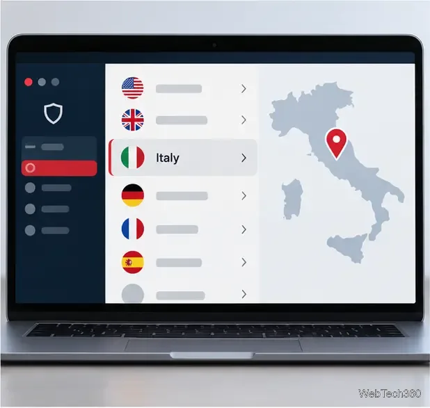 На экране ноутбука отображается общий список VPN-серверов, при этом Италия выделена, а над страной отмечен значок в виде метки на карте.