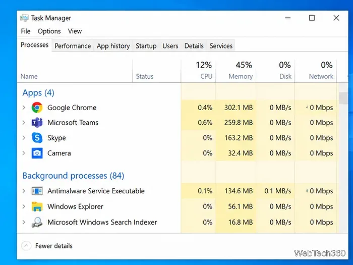 Диспетчер задач Windows 10 показывает процессы браузера, совещаний и камеры, которые можно закрыть во время устранения неполадок.