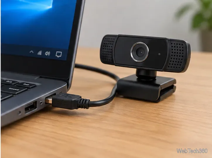 Внешняя USB-веб-камера, подключенная напрямую к ноутбуку с Windows для проверки портов и кабелей.