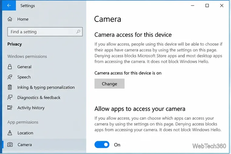 В настройках конфиденциальности камеры Windows 10 отображается включенный доступ к камере для данного устройства.