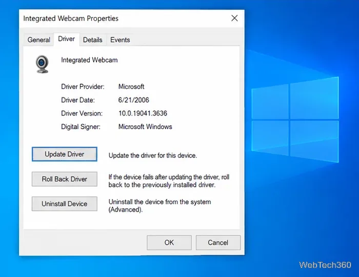 Интегрированные свойства драйвера веб-камеры в Windows 10 с элементами управления «Обновить драйвер», «Откатить драйвер» и «Удалить устройство».