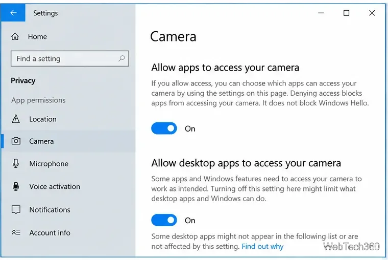 Страница конфиденциальности камеры в Windows 10 с включенным доступом к приложению и доступом к настольному приложению.