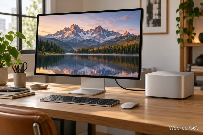 Ein kompakter silberner Desktop-Computer steht separat neben einem großen Monitor, einer Tastatur und einer Maus auf einem hölzernen Arbeitsplatz.