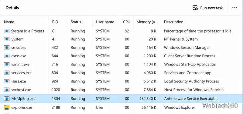 جدول تفاصيل مدير المهام مع تحديد MsMpEng.exe وتعريفه على أنه ملف تنفيذي لخدمة مكافحة البرامج الضارة