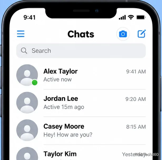 Écran de conversation de type Messenger avec un contact étiqueté « Actif maintenant » et un autre étiqueté « Actif il y a 15 minutes ».
