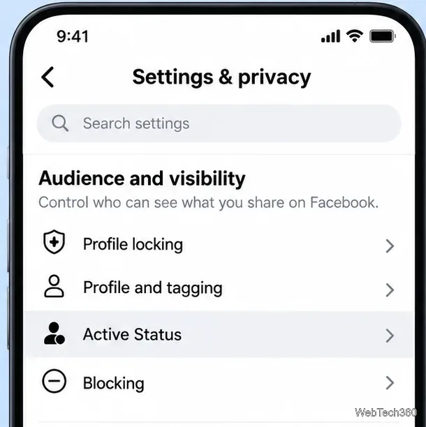Capture d'écran des paramètres mobiles Facebook avec le statut actif mis en évidence sous Audience et visibilité.