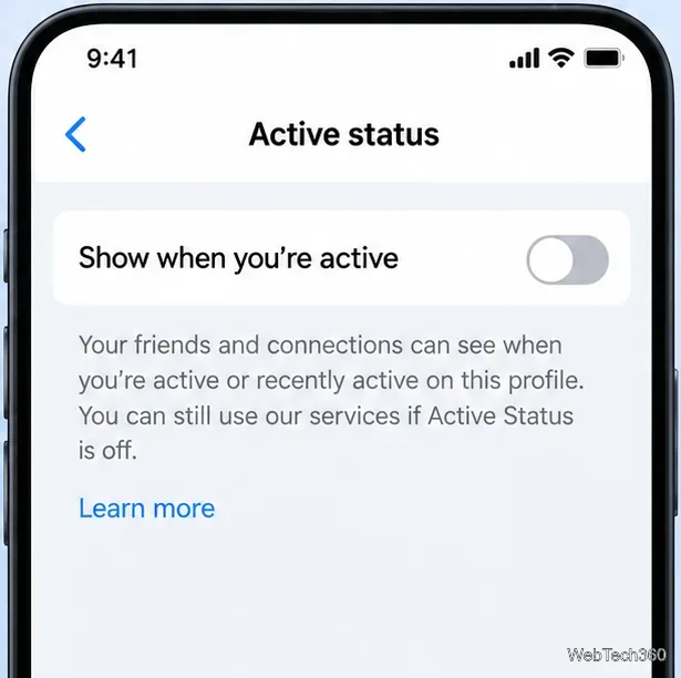 L'écran des paramètres de statut actif de Messenger affichant l'option « Afficher lorsque vous êtes actif » est désactivé.